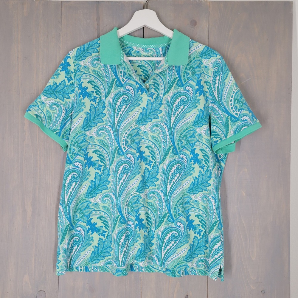Lands End Polo Shirt Womens L 14-16 Teal Green Paisley Short Sleeve Cotton Pique